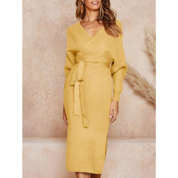 Women's Sweater Dress Wrap Batwing V Neck Slit Bodycon Dress with Belt Yellow - Picture 5 of 7